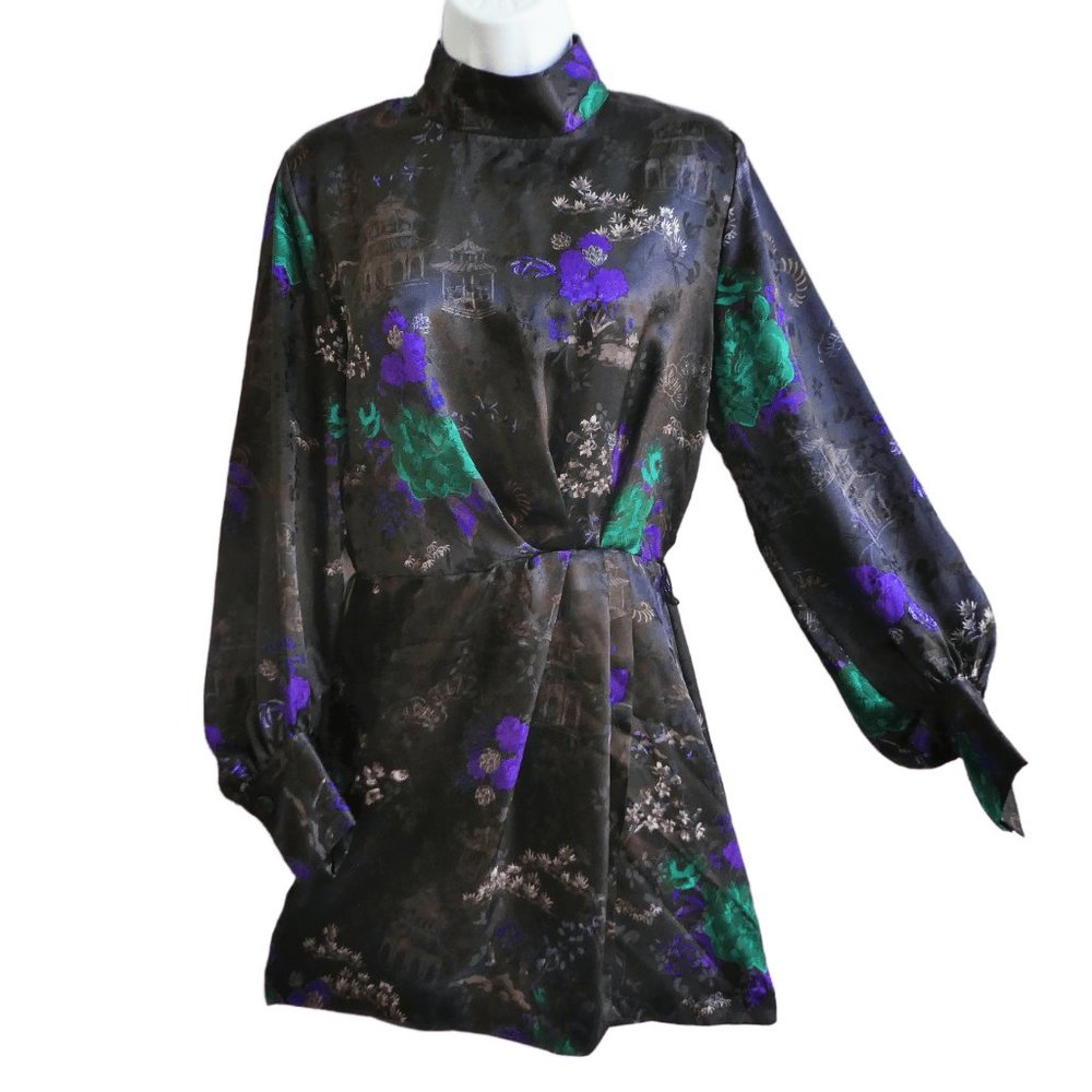 Zara Asian Flower Pagoda Dress Mock Neck Button Back Balloon Sleeve Faux Wrap S